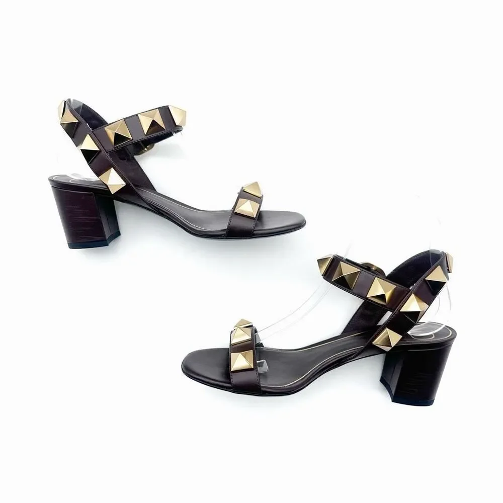 VALENTINO Brown Rockstud Heels Size 37 Sandal Leather Block Heel Ankle Strap